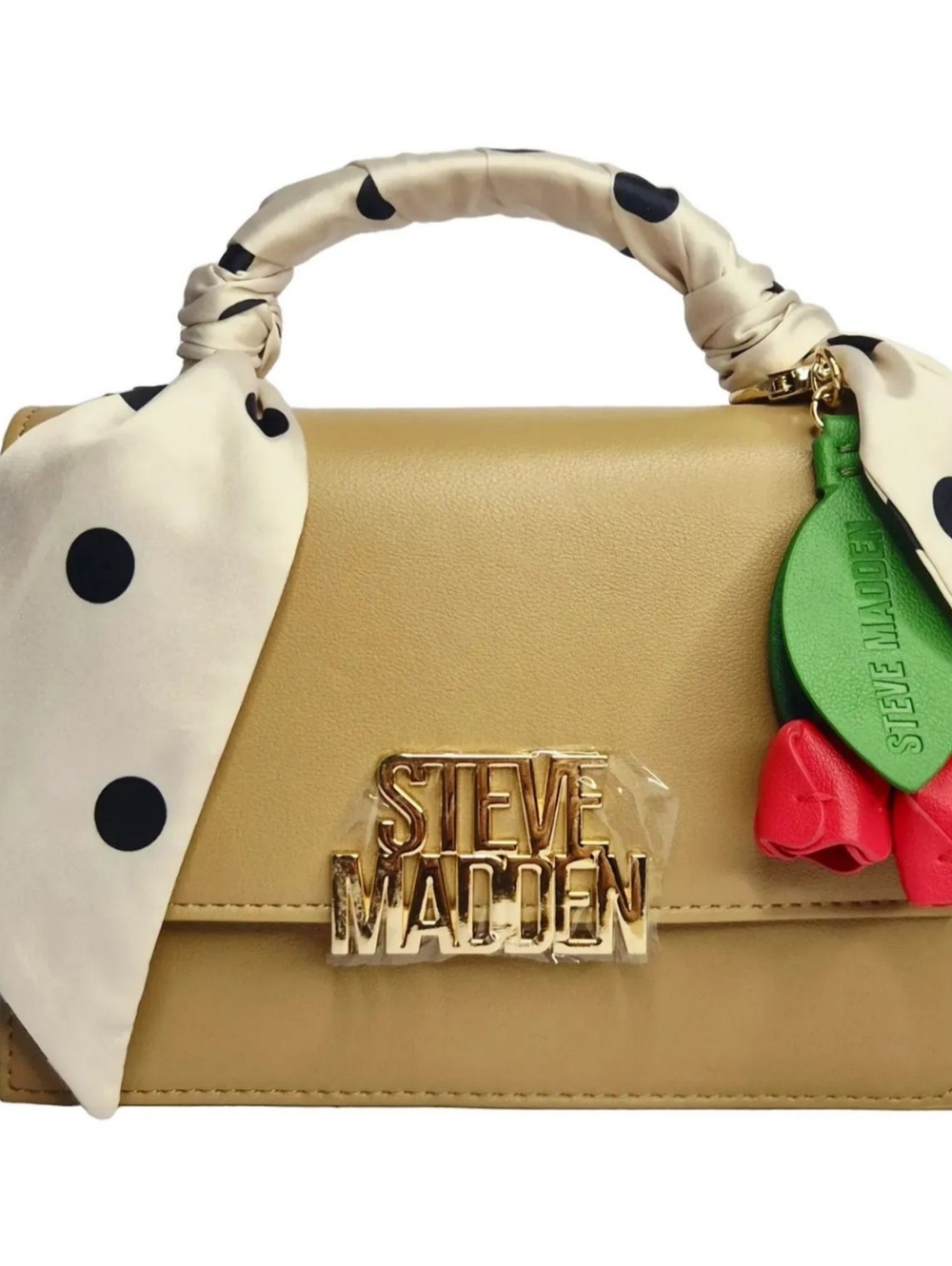 Steve Madden Beige Leather Top-Handle Bag with Polka Dot Scarf